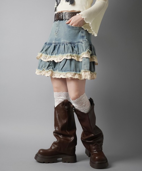 SPINNS（スピンズ）の「デニムティアードミニスカート/レース（デニムスカート・レディース・ブルー/ブラック・ONESIZE）」の10枚目の写真