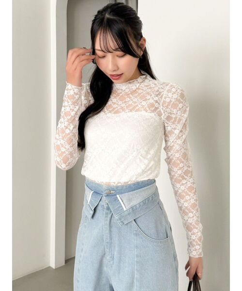 dazzlin（ダズリン）の「レースコンパクトミニマルトップス（Tシャツ/カットソー・レディース・オフホワイト/ブラック・FREE）」の9枚目の写真