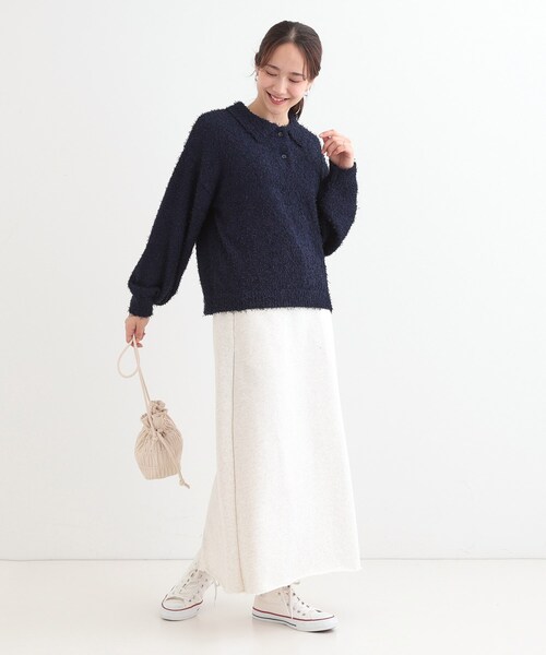 Cutie Blonde（キューティーブロンド）の「【S-LL】大人ヘルシー やわらかカールヤーン ポロニット（ニット/セーター・レディース・ネイビー/アイボリー・04/03/02/01）」の9枚目の写真