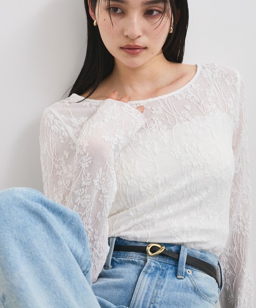 洗える】フラワージャガードロングTシャツ（Tシャツ/カットソー