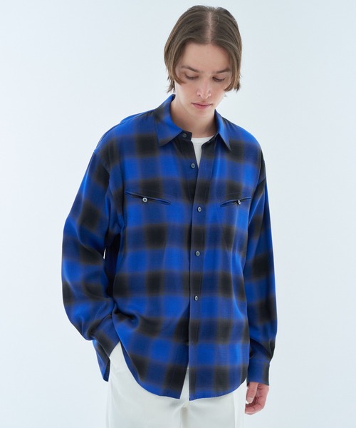 ESTNATION（エストネーション）の「ESTNATION / レーヨン オンブレチェックシャツ（シャツ/ブラウス・メンズ・ライトインディゴブルー/ブラックミックス/シャーベット・MEDIUM/LARGE）」の3枚目の写真