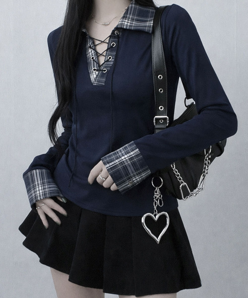 VIVID LADY（ビビッドレディー）の「レース編みチェック配色シャツカットソー（シャツ/ブラウス・レディース・ホワイト/ブラック/グレー/ネイビー・FREE）」の4枚目の写真