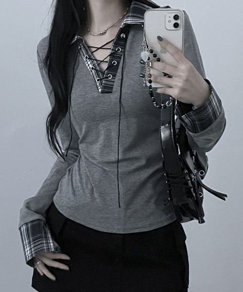 VIVID LADY（ビビッドレディー）の「レース編みチェック配色シャツカットソー（シャツ/ブラウス・レディース・ホワイト/ブラック/グレー/ネイビー・FREE）」の3枚目の写真