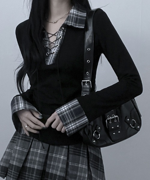 VIVID LADY（ビビッドレディー）の「レース編みチェック配色シャツカットソー（シャツ/ブラウス・レディース・ホワイト/ブラック/グレー/ネイビー・FREE）」の10枚目の写真