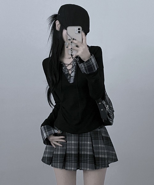 VIVID LADY（ビビッドレディー）の「レース編みチェック配色シャツカットソー（シャツ/ブラウス・レディース・ホワイト/ブラック/グレー/ネイビー・FREE）」の9枚目の写真