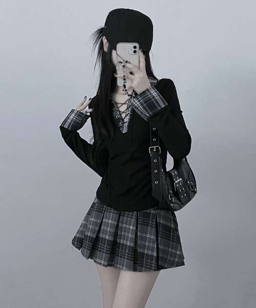 VIVID LADY（ビビッドレディー）の「レース編みチェック配色シャツカットソー（シャツ/ブラウス・レディース・ホワイト/ブラック/グレー/ネイビー・FREE）」の8枚目の写真