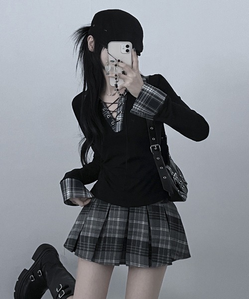 VIVID LADY（ビビッドレディー）の「レース編みチェック配色シャツカットソー（シャツ/ブラウス・レディース・ホワイト/ブラック/グレー/ネイビー・FREE）」の7枚目の写真