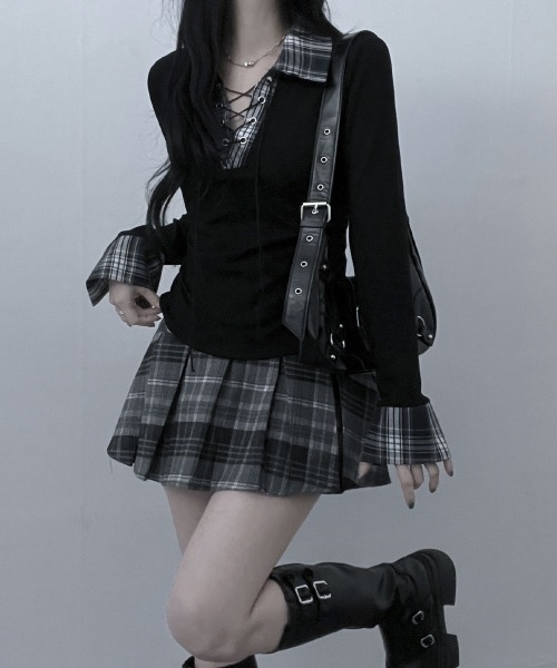 VIVID LADY（ビビッドレディー）の「レース編みチェック配色シャツカットソー（シャツ/ブラウス・レディース・ホワイト/ブラック/グレー/ネイビー・FREE）」の5枚目の写真