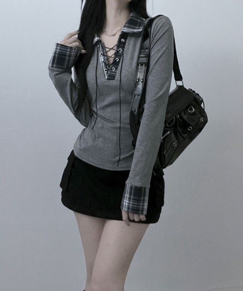 VIVID LADY（ビビッドレディー）の「レース編みチェック配色シャツカットソー（シャツ/ブラウス・レディース・ホワイト/ブラック/グレー/ネイビー・FREE）」の18枚目の写真