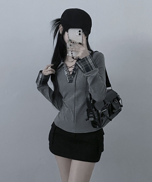 VIVID LADY（ビビッドレディー）の「レース編みチェック配色シャツカットソー（シャツ/ブラウス・レディース・ホワイト/ブラック/グレー/ネイビー・FREE）」の17枚目の写真