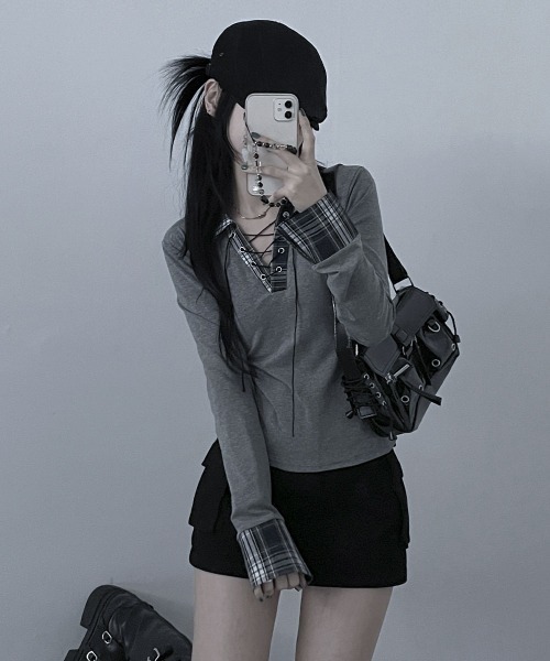 VIVID LADY（ビビッドレディー）の「レース編みチェック配色シャツカットソー（シャツ/ブラウス・レディース・ホワイト/ブラック/グレー/ネイビー・FREE）」の16枚目の写真