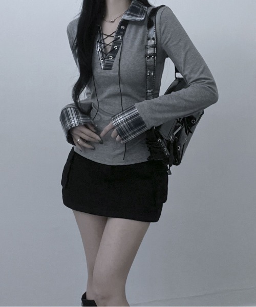 VIVID LADY（ビビッドレディー）の「レース編みチェック配色シャツカットソー（シャツ/ブラウス・レディース・ホワイト/ブラック/グレー/ネイビー・FREE）」の14枚目の写真