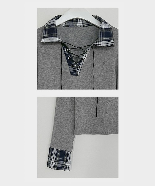 VIVID LADY（ビビッドレディー）の「レース編みチェック配色シャツカットソー（シャツ/ブラウス・レディース・ホワイト/ブラック/グレー/ネイビー・FREE）」の13枚目の写真