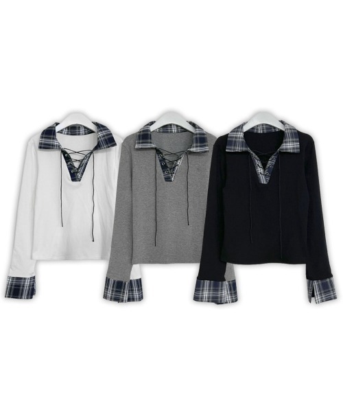 VIVID LADY（ビビッドレディー）の「レース編みチェック配色シャツカットソー（シャツ/ブラウス・レディース・ホワイト/ブラック/グレー/ネイビー・FREE）」の12枚目の写真