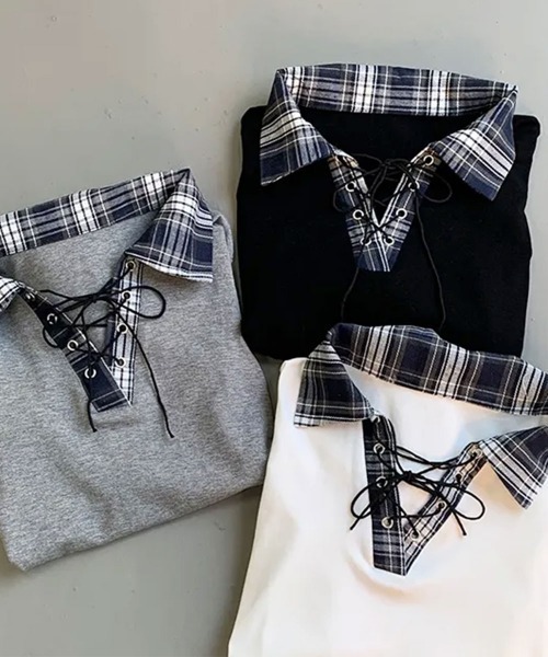 VIVID LADY（ビビッドレディー）の「レース編みチェック配色シャツカットソー（シャツ/ブラウス・レディース・ホワイト/ブラック/グレー/ネイビー・FREE）」の11枚目の写真