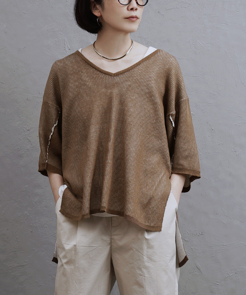 apartment department(アパートメントデパートメント)の「針抜きジャガード 配色Vネック ニットプルオーバー(Tシャツ/カットソー・レディース・グリーン/オレンジ/ブラウン・M)」の2枚目の写真