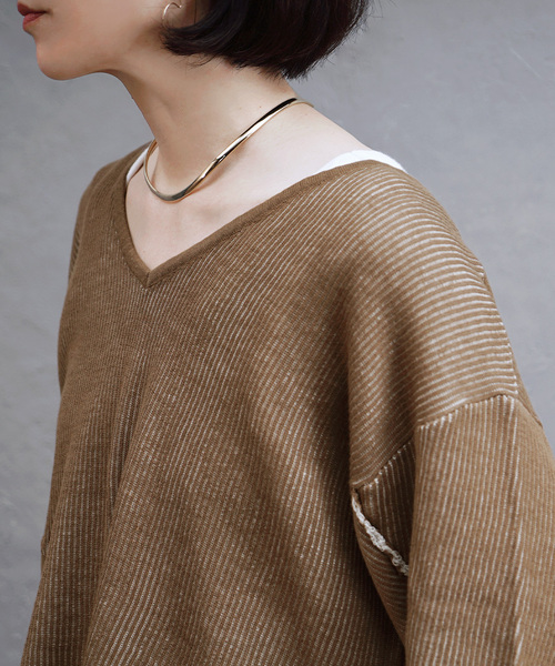 apartment department(アパートメントデパートメント)の「針抜きジャガード 配色Vネック ニットプルオーバー(Tシャツ/カットソー・レディース・グリーン/オレンジ/ブラウン・M)」の5枚目の写真