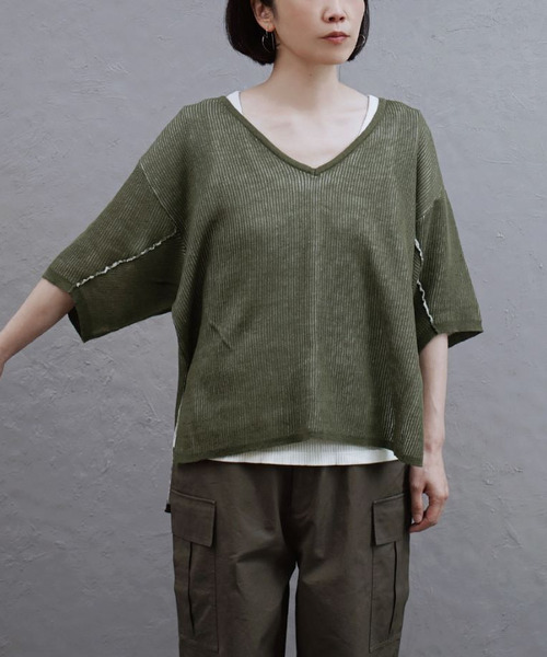 apartment department(アパートメントデパートメント)の「針抜きジャガード 配色Vネック ニットプルオーバー(Tシャツ/カットソー・レディース・グリーン/オレンジ/ブラウン・M)」の19枚目の写真