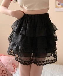 レトロ風 レース切り替えティアードミニスカート