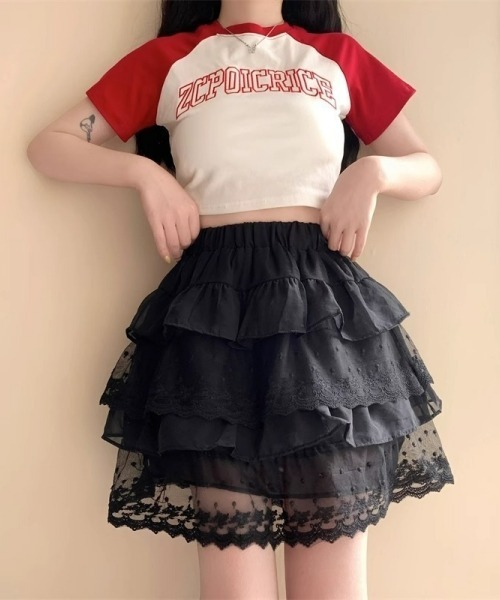 gossip！ロサンゼルス（ゴシップロサンゼルス）の「レトロ風 レース切り替えティアードミニスカート（スカート・レディース・ホワイト/ブラック・FREE）」の13枚目の写真