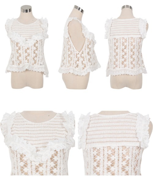 KOBE LETTUCE（コウベレタス）の「かぎ針編みレースフレアベスト（ベスト・レディース・オフホワイト/ベージュ・M）」の9枚目の写真