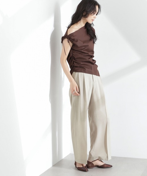 NANO universe（ナノユニバース）の「メランジドライ ベルト付きタックワイドパンツ(セットアップ可)（スラックス・レディース・ブラック/ライトベージュ/ライトブルー・S/M）」の6枚目の写真