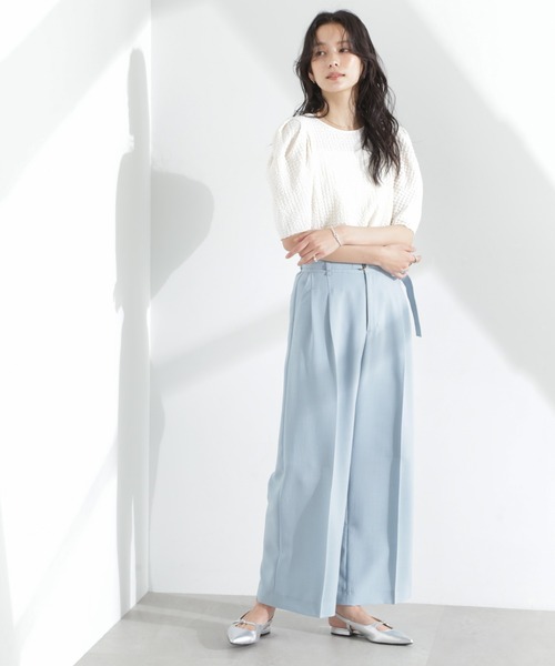 NANO universe（ナノユニバース）の「メランジドライ ベルト付きタックワイドパンツ(セットアップ可)（スラックス・レディース・ブラック/ライトベージュ/ライトブルー・S/M）」の13枚目の写真