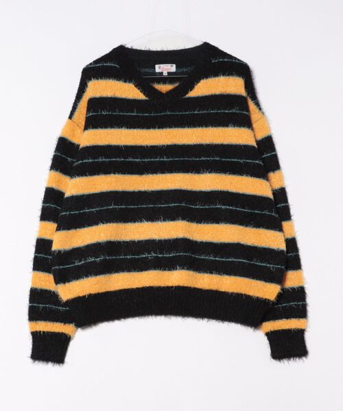 Sa — Shaggy Solid/Border Loose V‑neck Knit Sweater — пушистый вязаный свитер, однотонный/в полоску, свободный V‑образный вырез