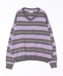 【Sa】Shaggy Solid/Border Loose V-neck Knit Sweater / シャギー 無地/ボーダー柄 ルーズ Vネック ニットセーター