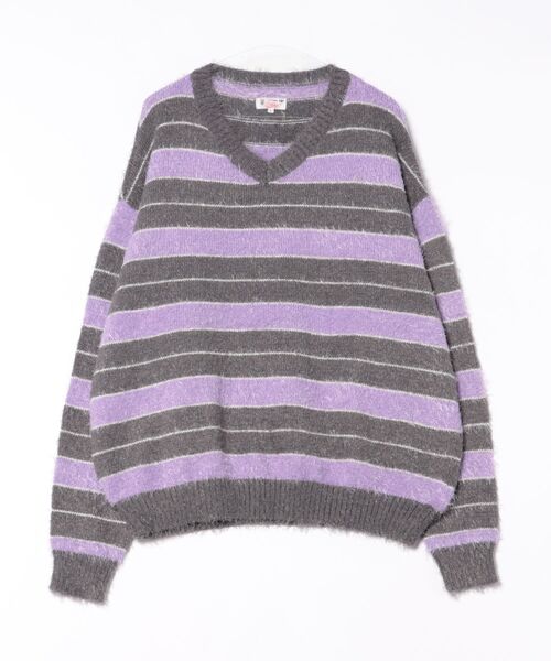 ARCHIVER（アーカイバ）の「【Sa】Shaggy Solid/Border Loose V-neck Knit Sweater / シャギー 無地/ボーダー柄 ルーズ Vネック ニットセーター（ニット/セーター・メンズ・ブラック系/レッド系/グレー系・M/L）」の2枚目の写真