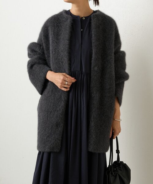 ビアズリー ウール昆　ニットコートブルー　美品　クリーニング済み　最終お値下げ BEARDSLEY コート アウター ファーニットコート レディース