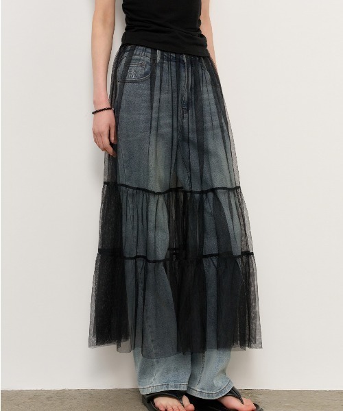GENERAL IDEA(ジェネラルアイデア)の「GENERAL IDEA/ジェネラルアイディア sheer layered long skirt ロングスカート(スカート・レディース・ブラック/ホワイト・FREE)」の2枚目の写真