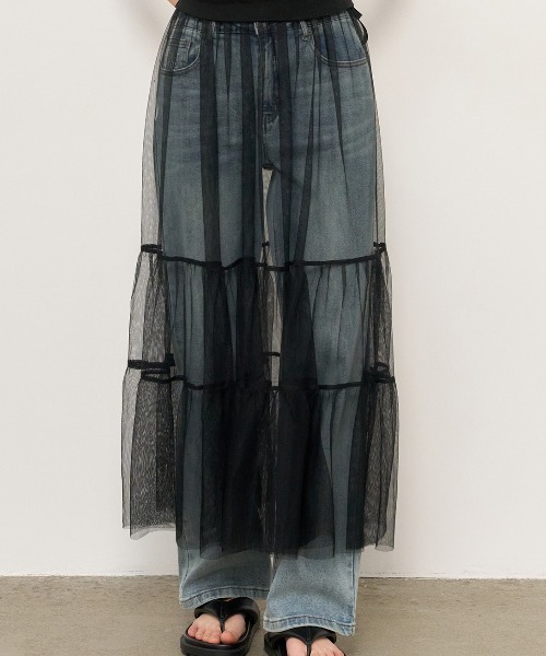 GENERAL IDEA(ジェネラルアイデア)の「GENERAL IDEA/ジェネラルアイディア sheer layered long skirt ロングスカート(スカート・レディース・ブラック/ホワイト・FREE)」の3枚目の写真