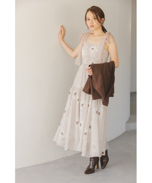 フラワープリントショルダーリボンワンピース（ワンピース