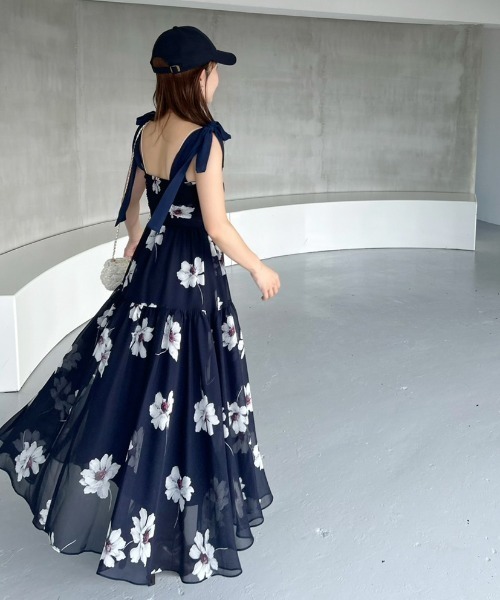 フラワープリントショルダーリボンワンピース（ワンピース）｜SNIDEL