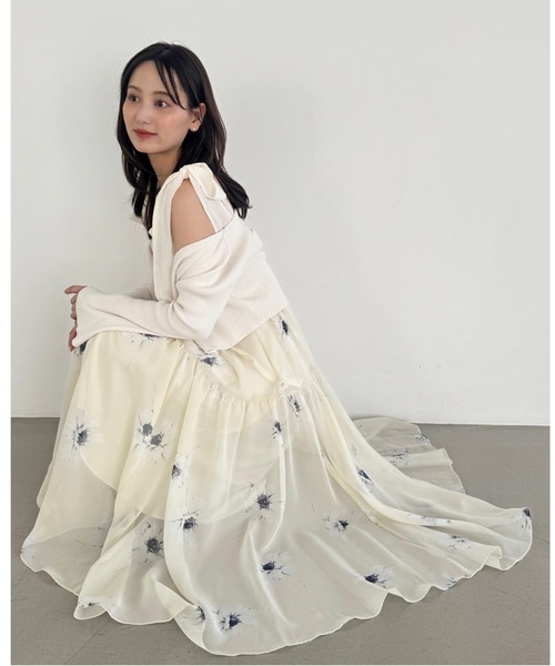 フラワープリントショルダーリボンワンピース FLOWER COLLECTION】プリントショルダーリボンワンピース(マキシ
