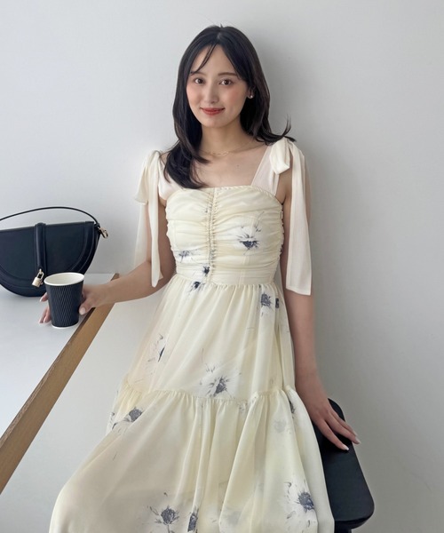 セール】フラワープリントショルダーリボンワンピース（ワンピース