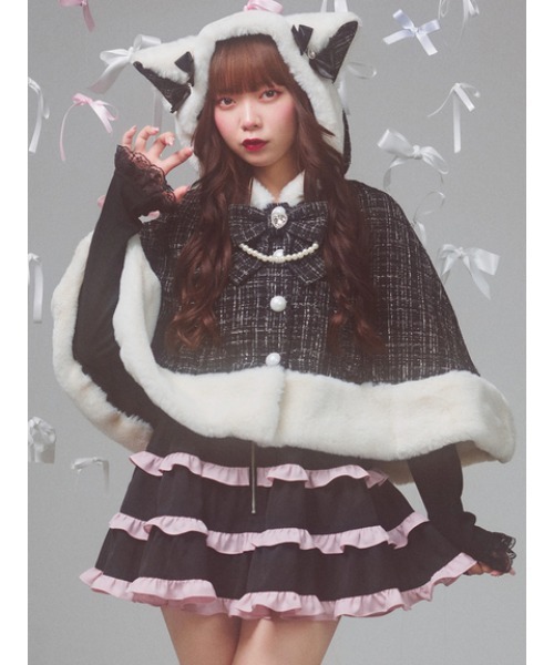 Ank Rouge（アンクルージュ）の「ネコちゃんキラキラツイードポンチョ（ポンチョ・レディース・ブラック/ホワイト/ピンク・M）」の21枚目の写真