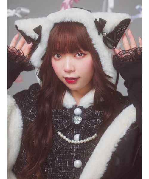 Ank Rouge（アンクルージュ）の「ネコちゃんキラキラツイードポンチョ（ポンチョ・レディース・ブラック/ホワイト/ピンク・M）」の22枚目の写真