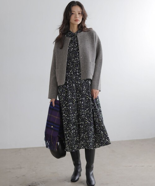 組曲(クミキョク)の「プレーティングニットアウター ジャケット(ノーカラージャケット・レディース・ブラウン系/ブラック系・3/2)」の9枚目の写真