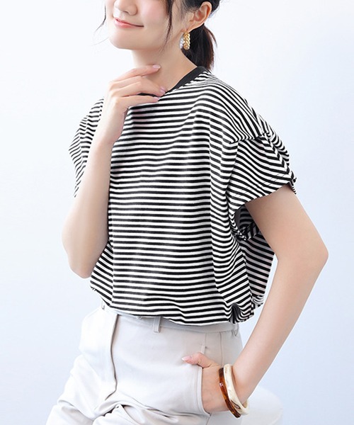 LUMIRA（アパレル）（ルミラ）の「肩タック半袖 Tシャツ ボーダーカットソー（Tシャツ/カットソー・レディース・ブラック/ホワイト×ネイビー/ブラック×ホワイト/ホワイト/ブラウン系その他/グレー×ホワイト・ONE SIZE）」の7枚目の写真