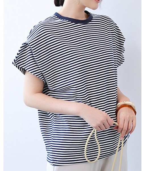 LUMIRA（アパレル）（ルミラ）の「肩タック半袖 Tシャツ ボーダーカットソー（Tシャツ/カットソー・レディース・ブラック/ホワイト×ネイビー/ブラック×ホワイト/ホワイト/ブラウン系その他/グレー×ホワイト・ONE SIZE）」の9枚目の写真
