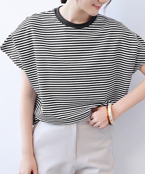 LUMIRA（アパレル）（ルミラ）の「肩タック半袖 Tシャツ ボーダーカットソー（Tシャツ/カットソー・レディース・ブラック/ホワイト×ネイビー/ブラック×ホワイト/ホワイト/ブラウン系その他/グレー×ホワイト・ONE SIZE）」の11枚目の写真