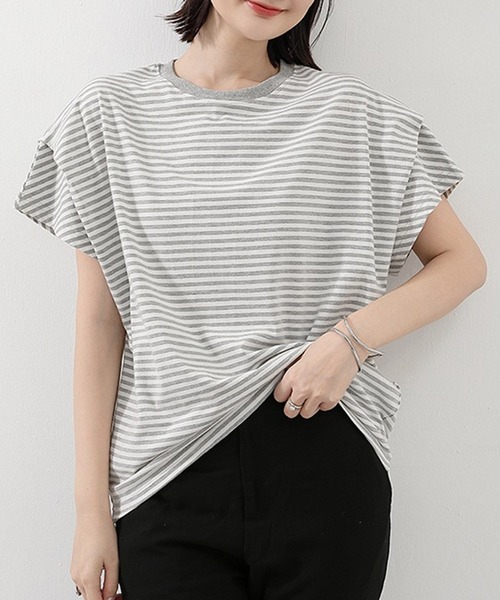 LUMIRA（アパレル）（ルミラ）の「肩タック半袖 Tシャツ ボーダーカットソー（Tシャツ/カットソー・レディース・ブラック/ホワイト×ネイビー/ブラック×ホワイト/ホワイト/ブラウン系その他/グレー×ホワイト・ONE SIZE）」の12枚目の写真