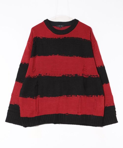 8(eight)(エイト)の「ダメージボーダークルーネックニット(ニット/セーター・メンズ・レッド/ホワイト/チャコールグレー・MEDIUM/LARGE)」の1枚目の写真