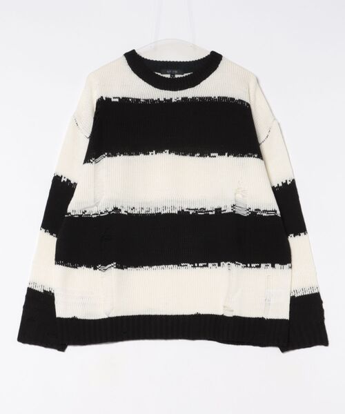 8(eight)(エイト)の「ダメージボーダークルーネックニット(ニット/セーター・メンズ・レッド/ホワイト/チャコールグレー・MEDIUM/LARGE)」の2枚目の写真