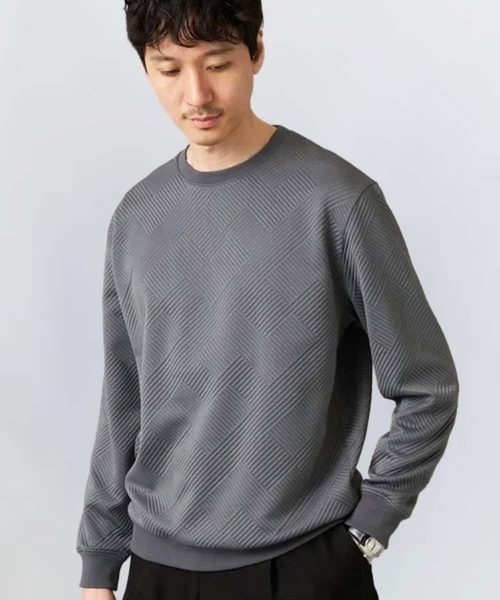 a.v.v(アーヴェヴェ)の「幾何ジャカードセミワイドシルエットプルオーバー【毛玉になりにくい/洗濯機で洗える】(スウェット・メンズ・ブルー/チャコールグレー/ライトグレー/ミント・46/48/50)」の1枚目の写真