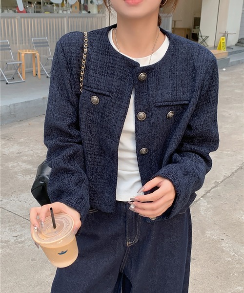 MAISON DE THERESE(メゾン ド テレーズ)の「ショートジャケット(テーラードジャケット・レディース・ネイビー/レッド・L/M/S)」の1枚目の写真