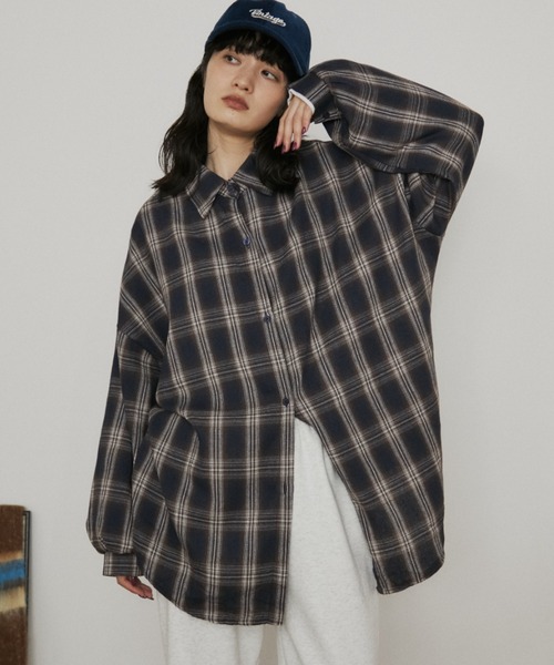 ウールタッチオーバーサイズチェックシャツ（シャツ/ブラウス