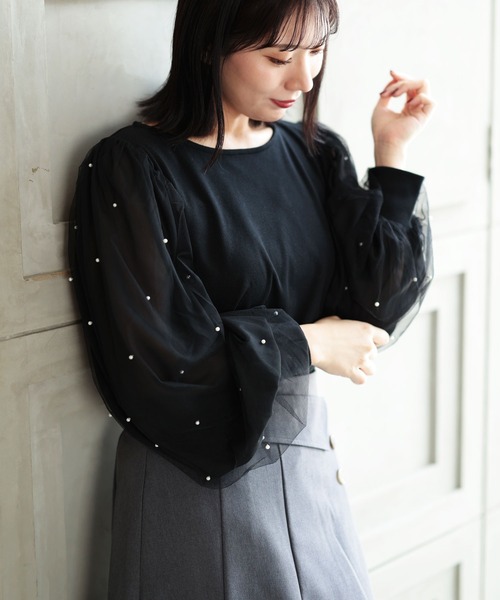 Ruwan yu（ルワンユー）の「パールチュールスリーブトップス【大きいサイズ対応】（シャツ/ブラウス・レディース・ブラック・L/LL/3L/4L）」の3枚目の写真